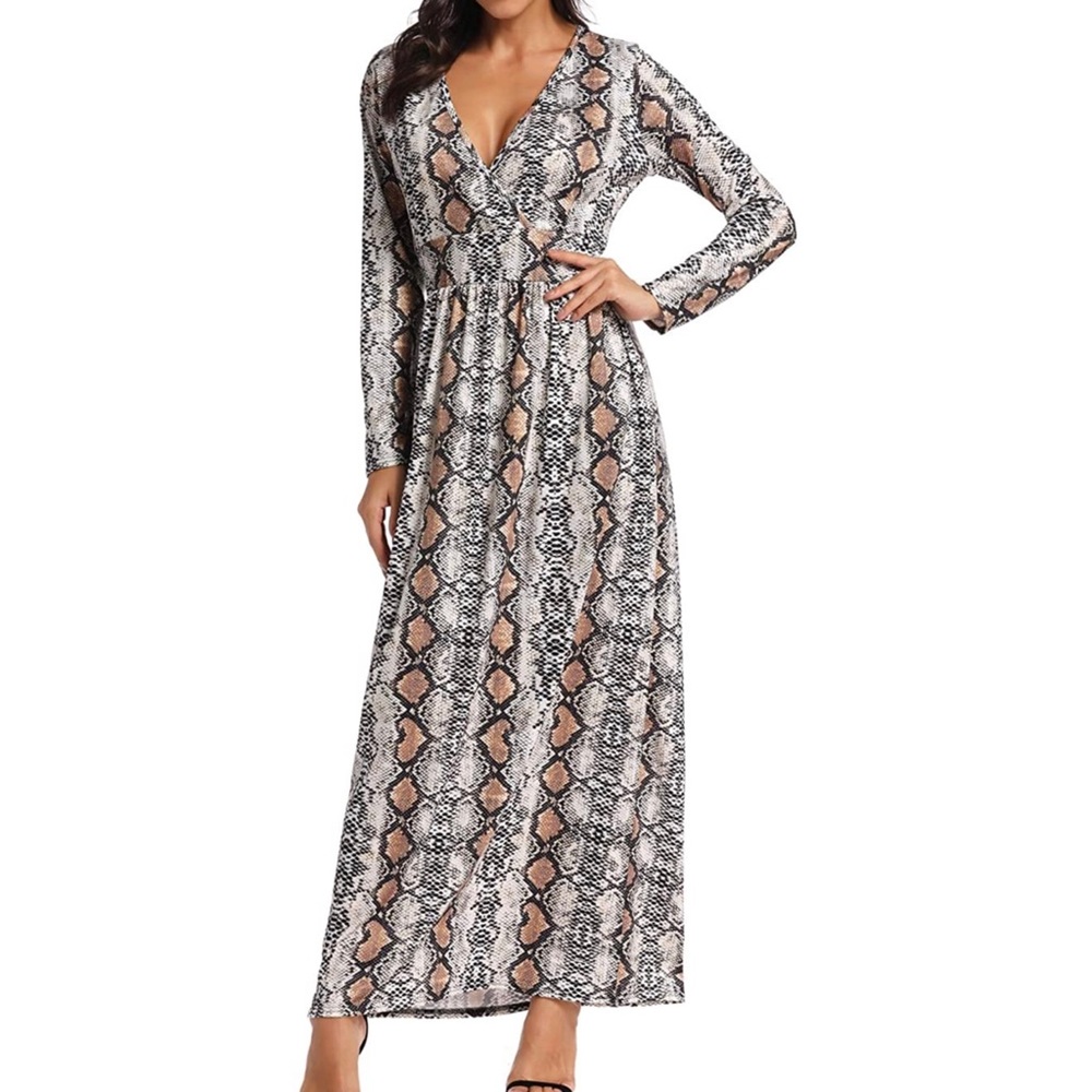 Snakeskin Print Long Sleeve V Neck Maxi Dress